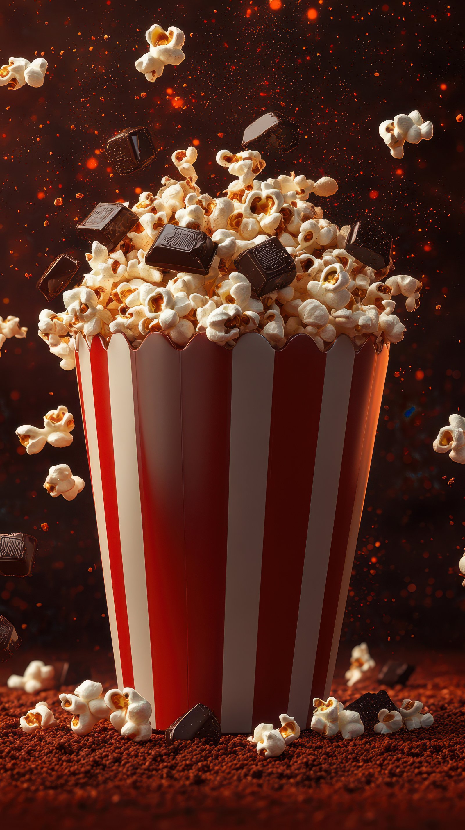 Freshly popped popcorn spills from a large red and white striped bucket against a dark background